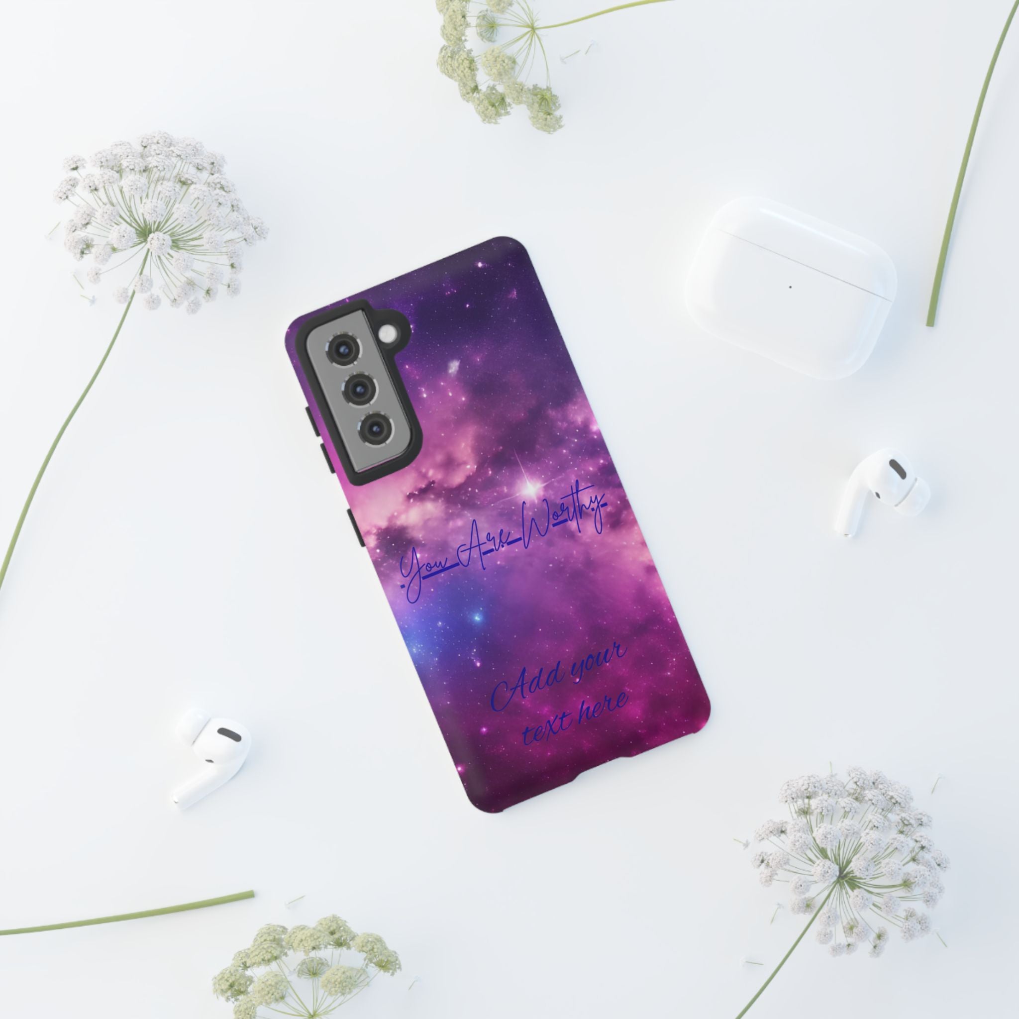 Galaxy "You Are Worthy" Phone Case — Motivational Nebula Design, Customizable Text