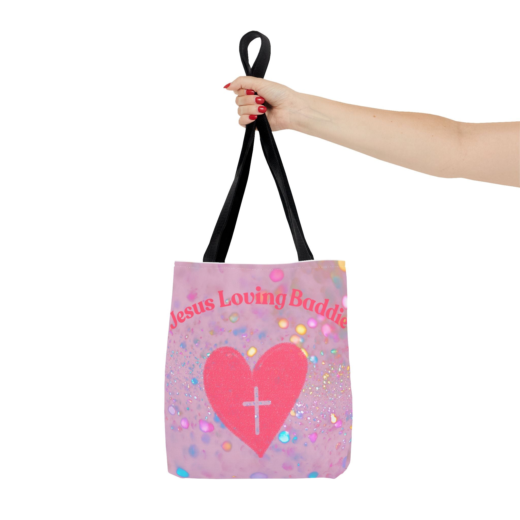 Jesus Loving Baddie Tote Bag — Pink Heart Cross All-Over Print