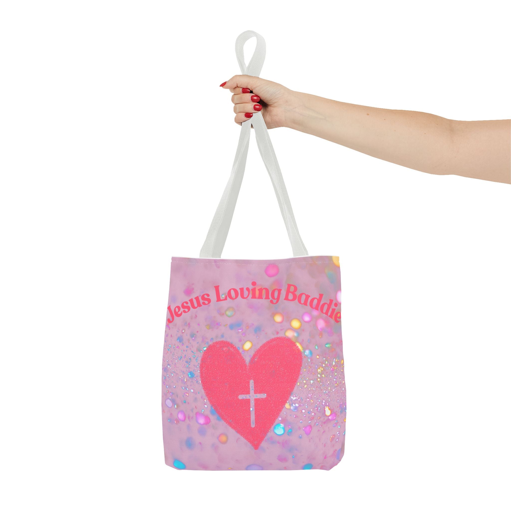Jesus Loving Baddie Tote Bag — Pink Heart Cross All-Over Print