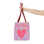 Jesus Loving Baddie Tote Bag — Pink Heart Cross All-Over Print