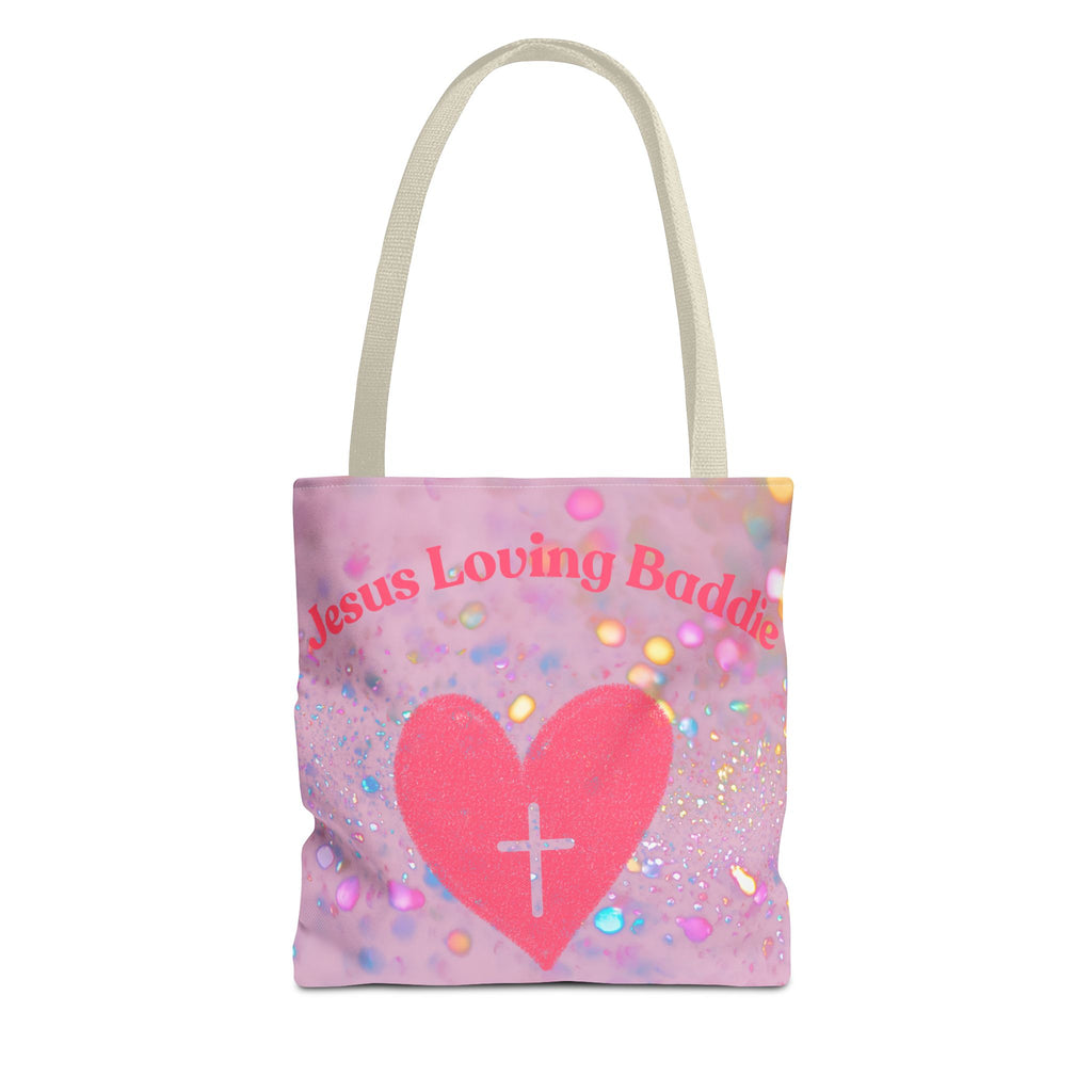 Jesus Loving Baddie Tote Bag — Pink Heart Cross All-Over Print