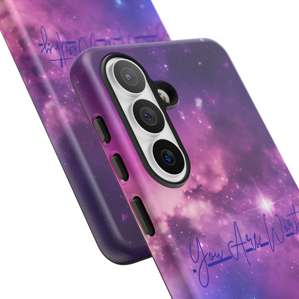 Galaxy "You Are Worthy" Phone Case — Motivational Nebula Design, Customizable Text
