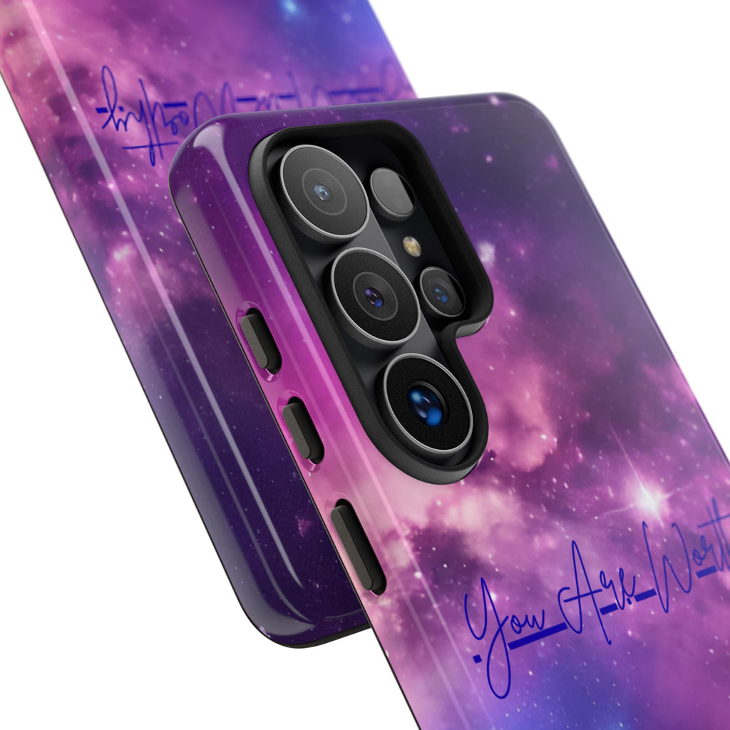 Galaxy "You Are Worthy" Phone Case — Motivational Nebula Design, Customizable Text