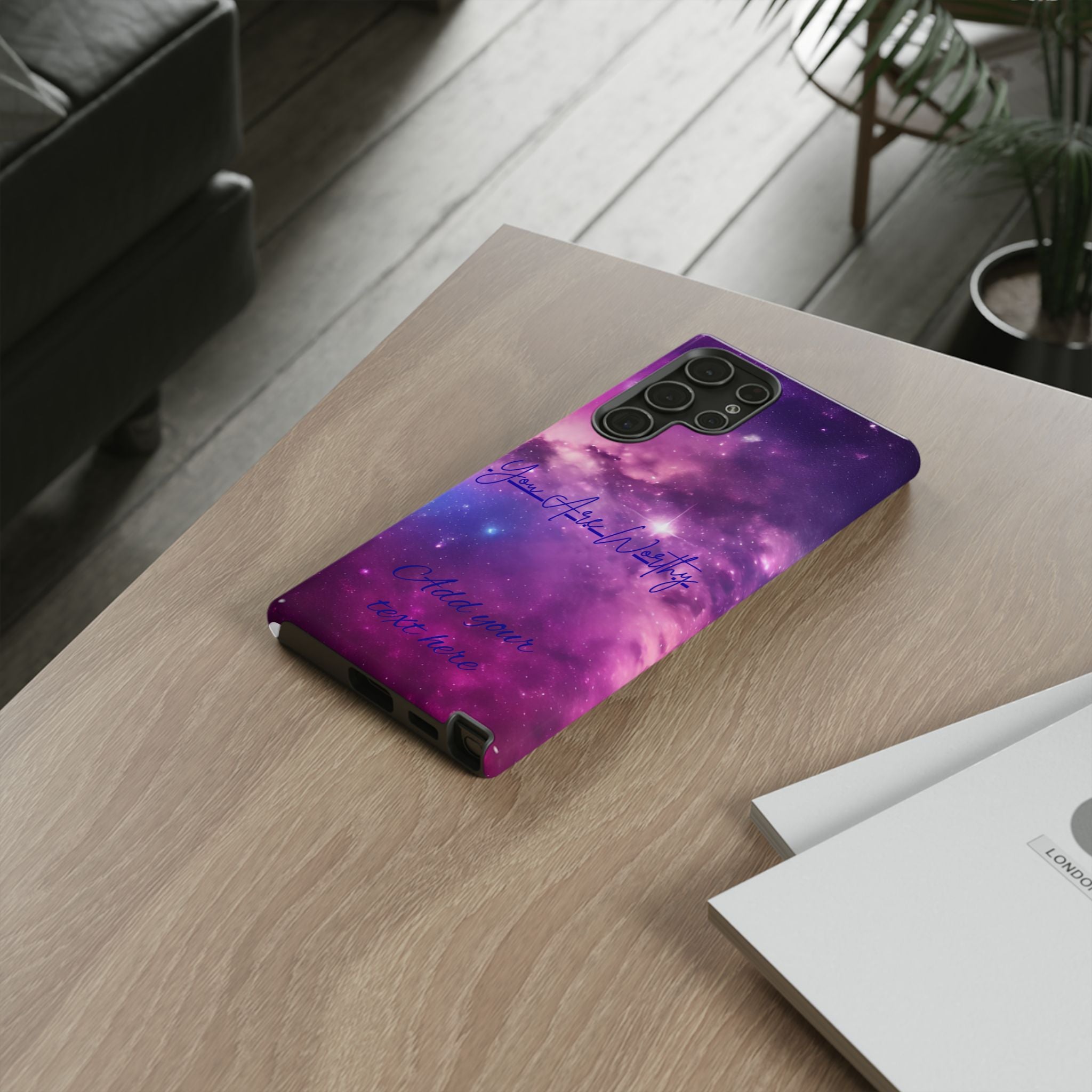 Galaxy "You Are Worthy" Phone Case — Motivational Nebula Design, Customizable Text