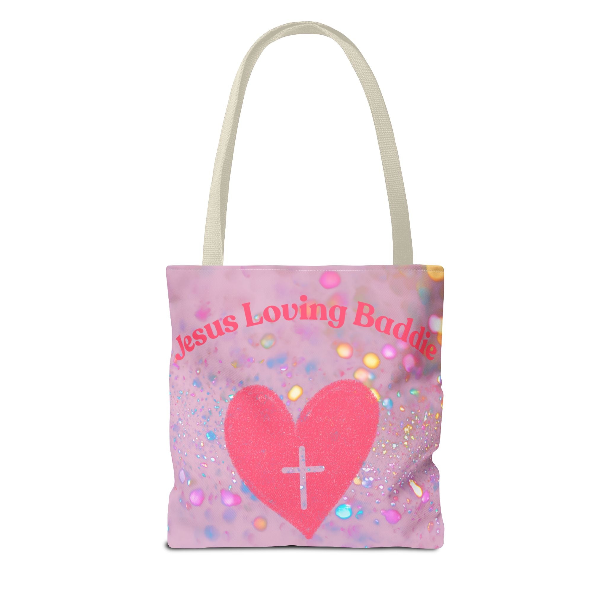 Jesus Loving Baddie Tote Bag — Pink Heart Cross All-Over Print