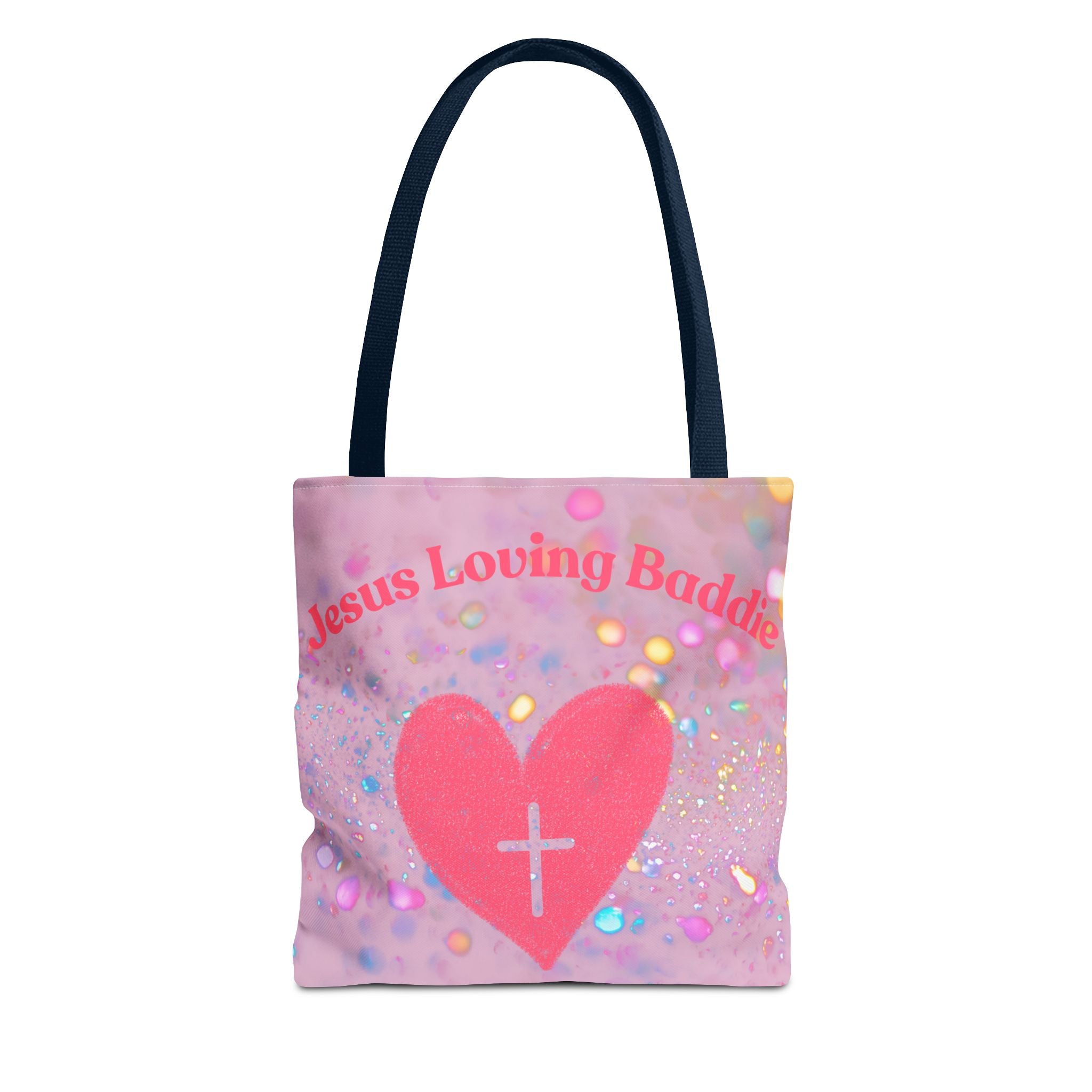 Jesus Loving Baddie Tote Bag — Pink Heart Cross All-Over Print