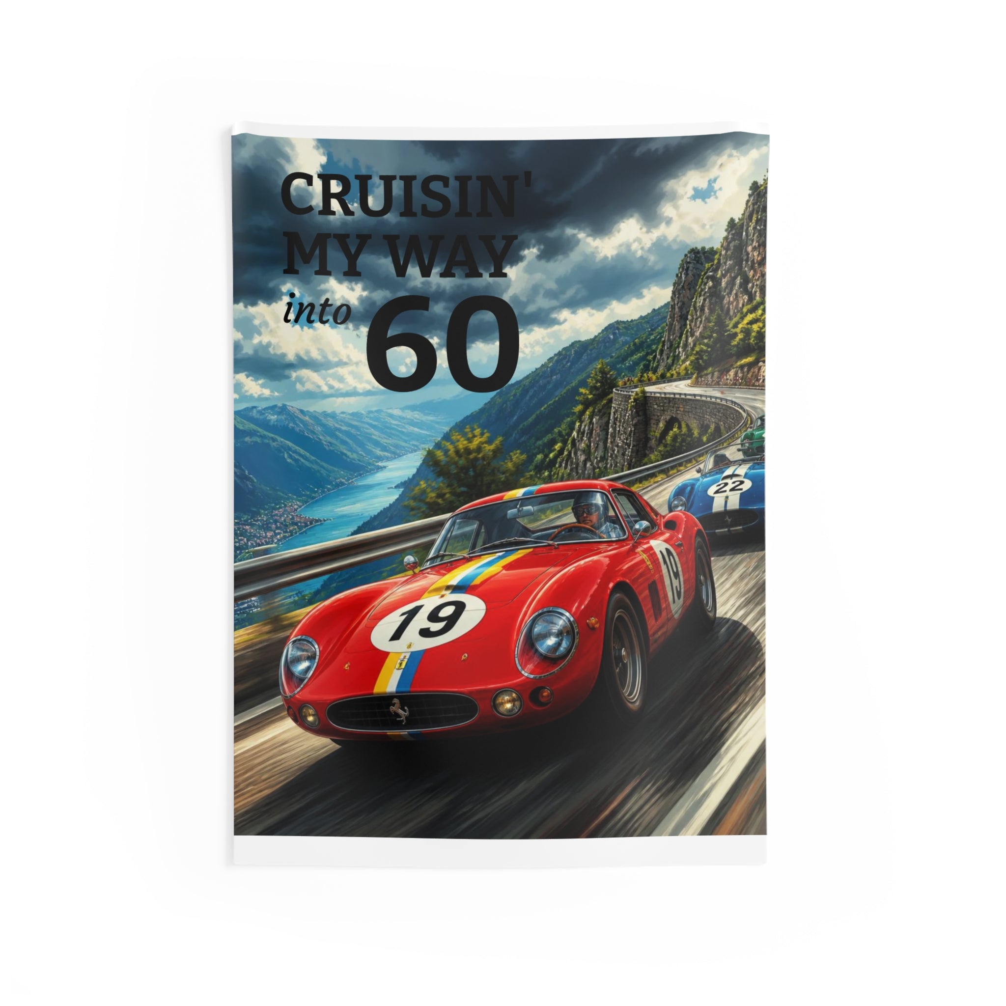 60th Birthday Racing Wall Tapestry — "Cruisin' My Way into 60" Vintage Sports Car Decor