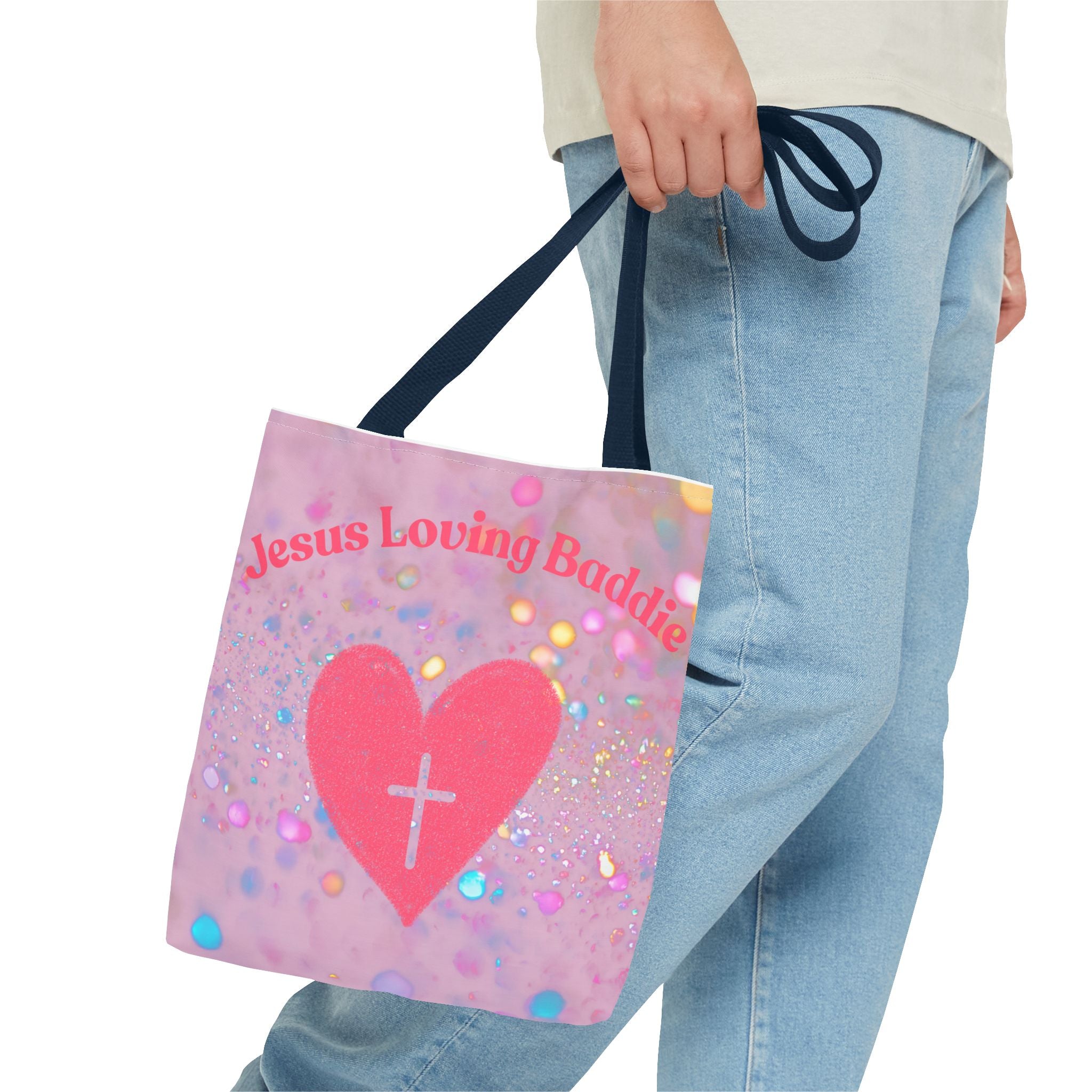 Jesus Loving Baddie Tote Bag — Pink Heart Cross All-Over Print