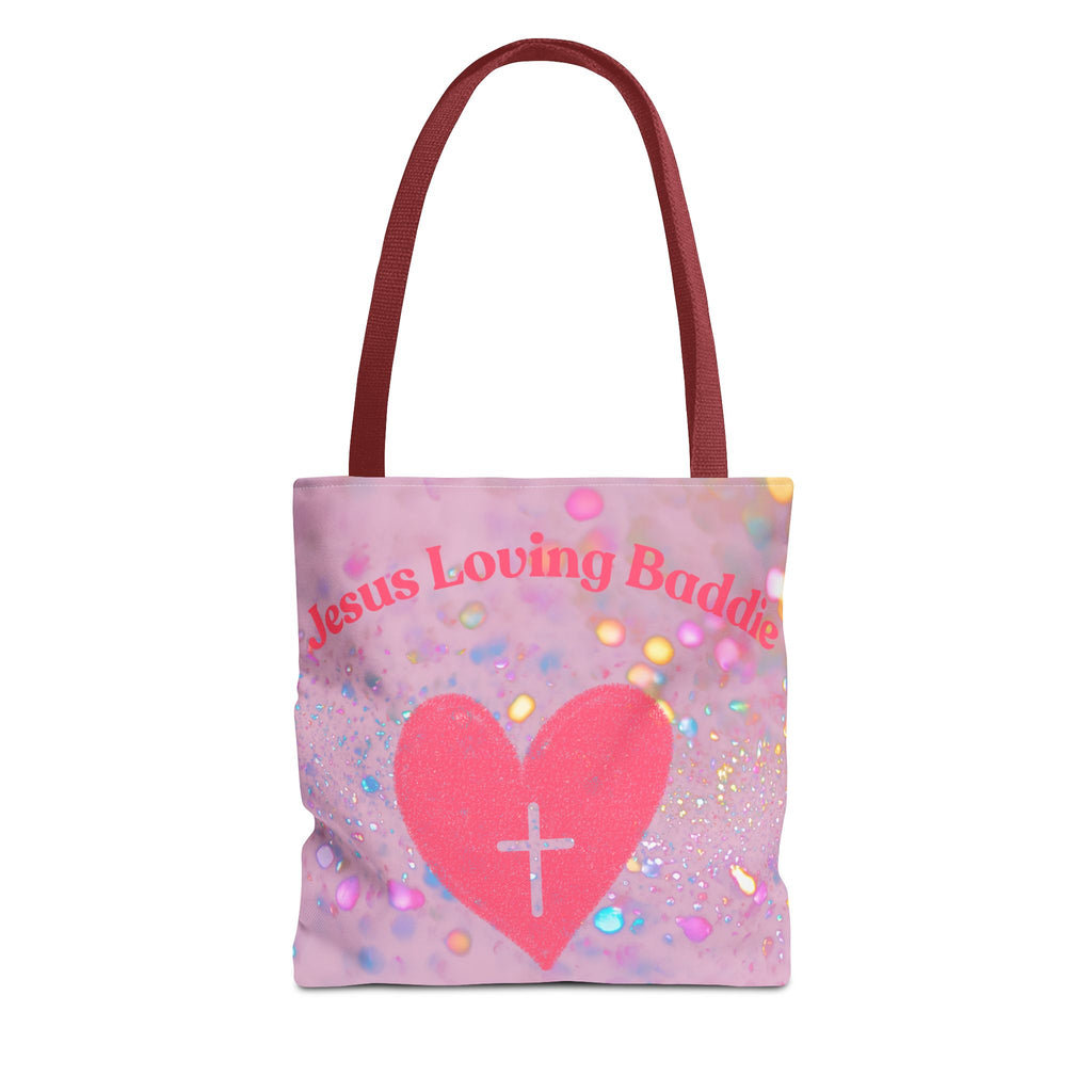 Jesus Loving Baddie Tote Bag — Pink Heart Cross All-Over Print