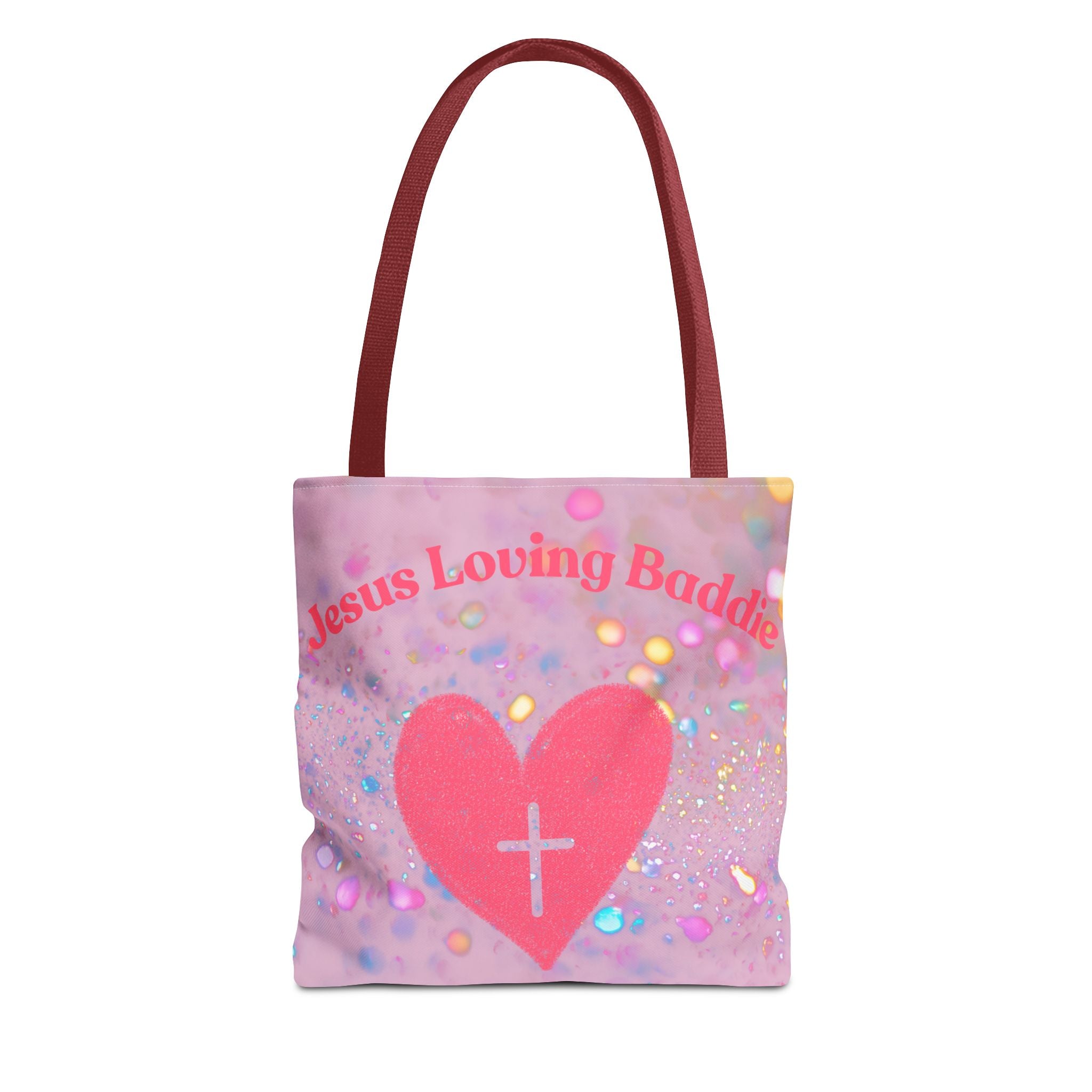 Jesus Loving Baddie Tote Bag — Pink Heart Cross All-Over Print