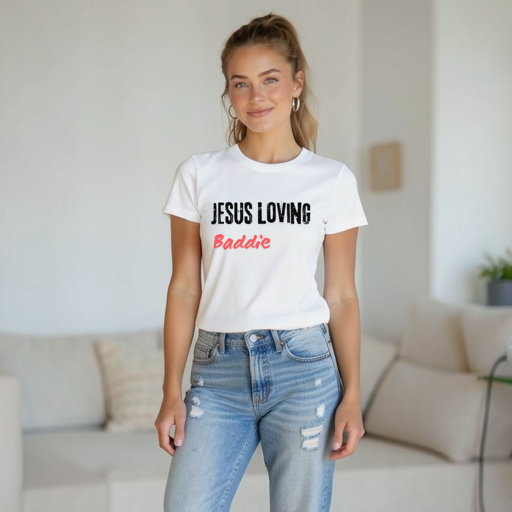 Jesus Loving Baddie Tee — Christian Graphic Women's T‑Shirt with Heart Cross Back