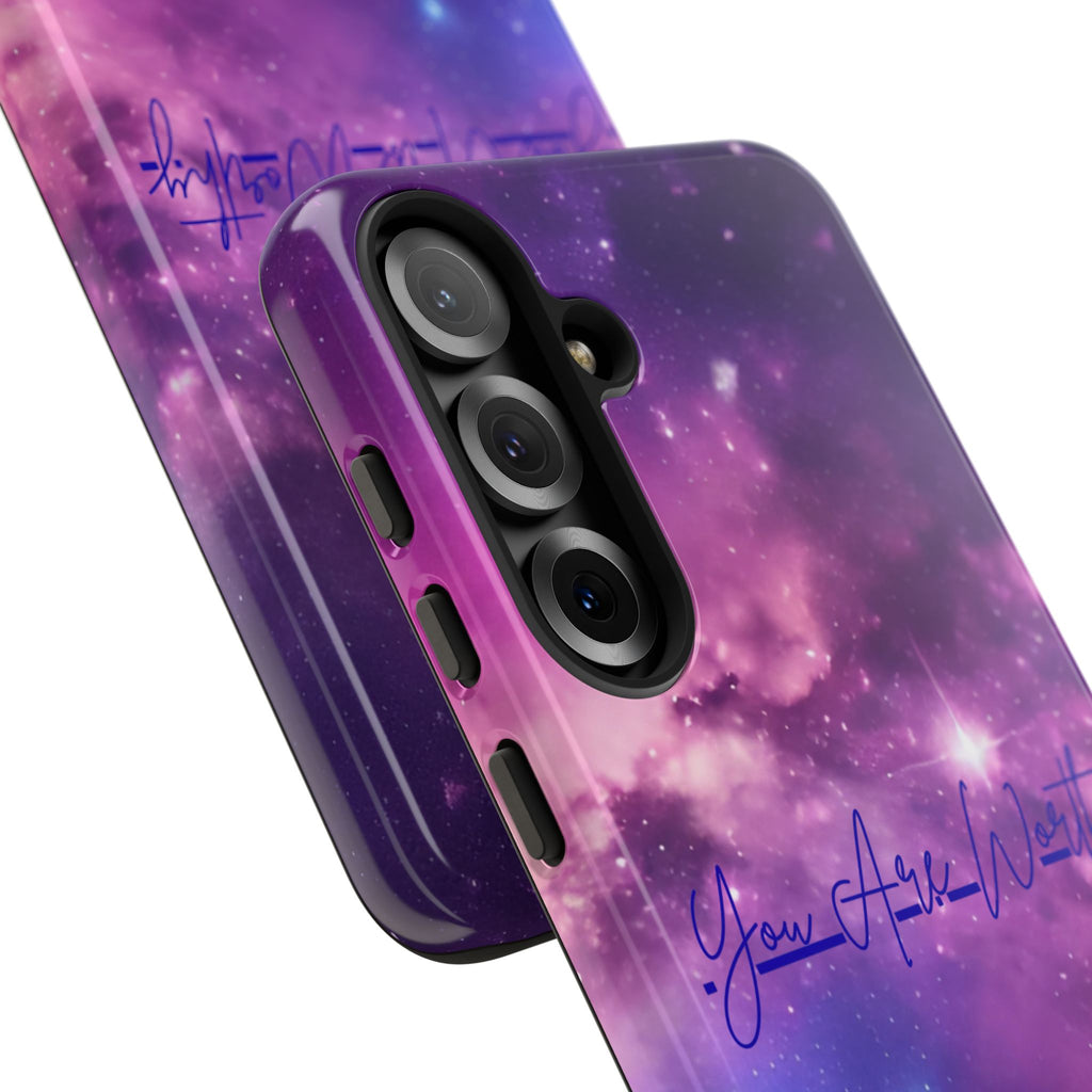 Galaxy "You Are Worthy" Phone Case — Motivational Nebula Design, Customizable Text