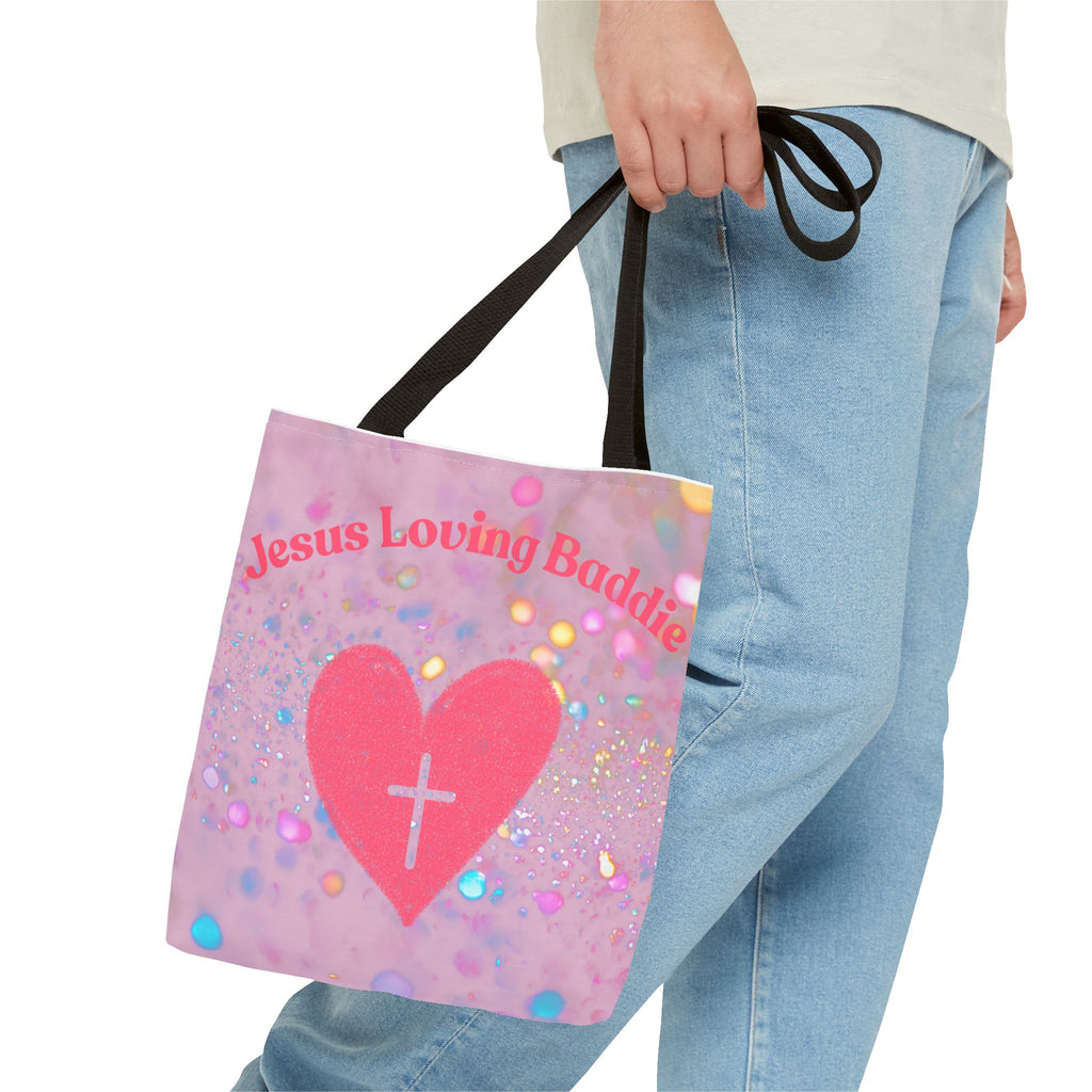 Jesus Loving Baddie Tote Bag — Pink Heart Cross All-Over Print