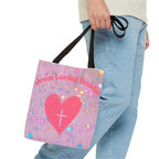 Jesus Loving Baddie Tote Bag — Pink Heart Cross All-Over Print