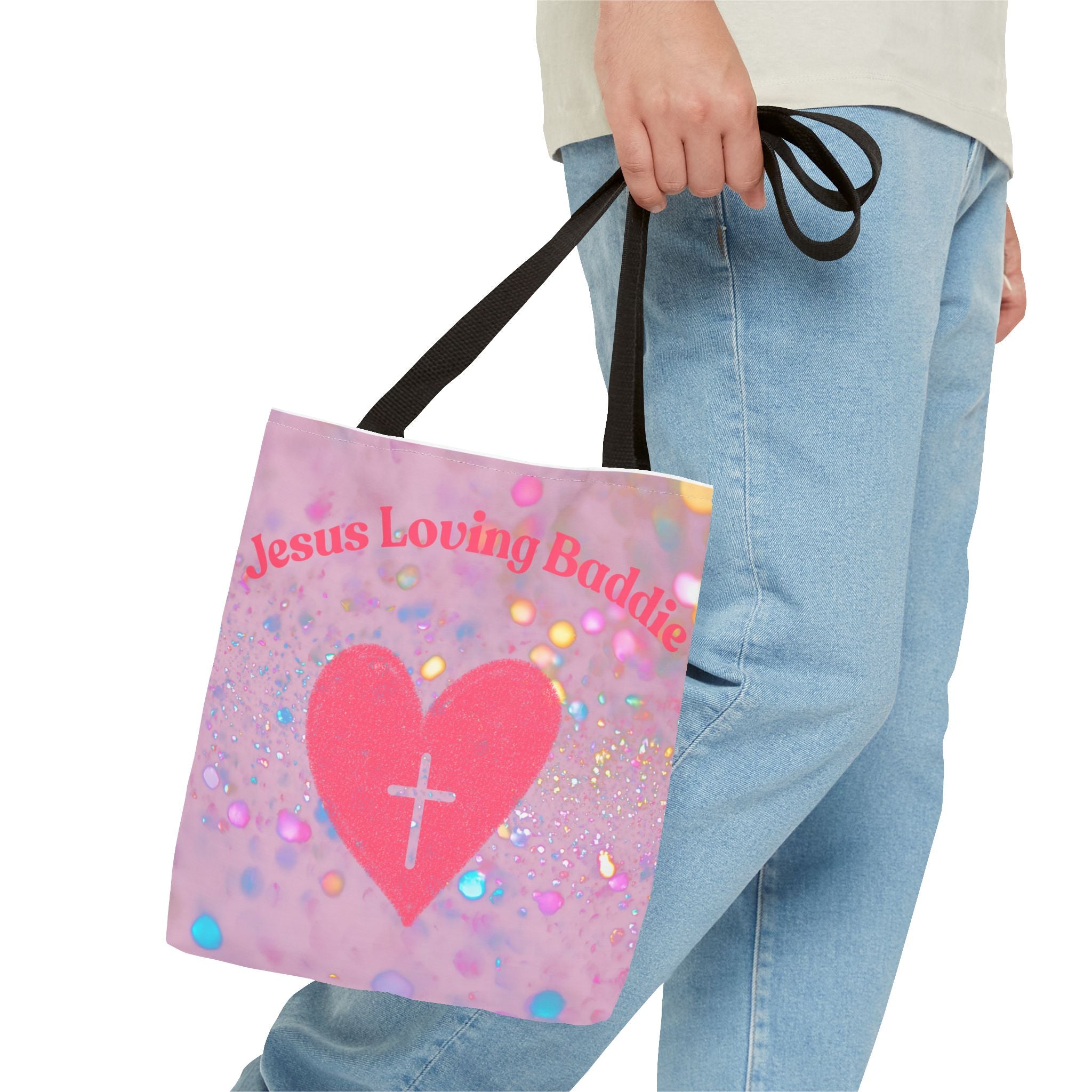 Jesus Loving Baddie Tote Bag — Pink Heart Cross All-Over Print