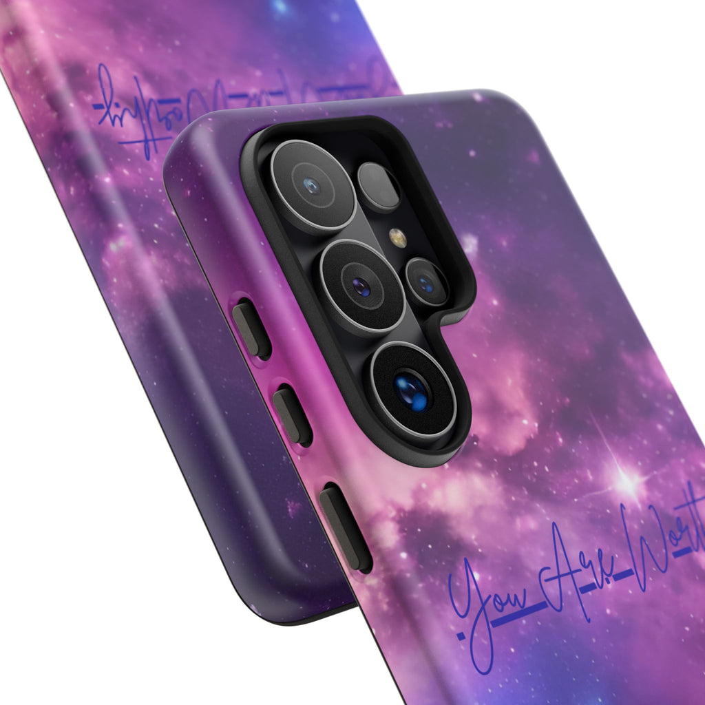 Galaxy "You Are Worthy" Phone Case — Motivational Nebula Design, Customizable Text