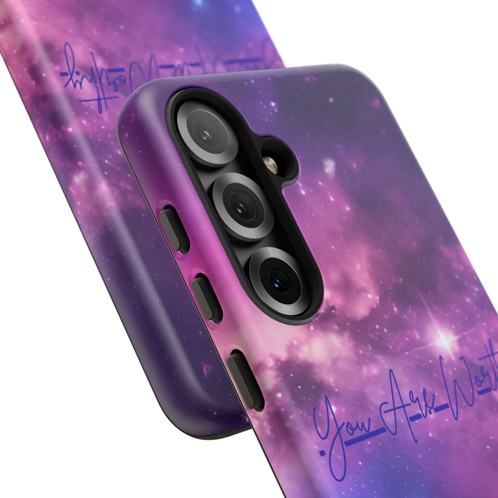 Galaxy "You Are Worthy" Phone Case — Motivational Nebula Design, Customizable Text