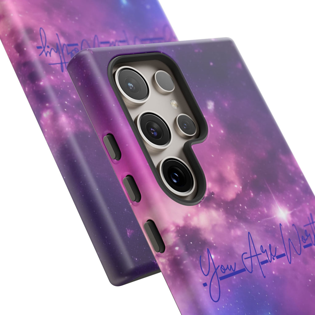 Galaxy "You Are Worthy" Phone Case — Motivational Nebula Design, Customizable Text
