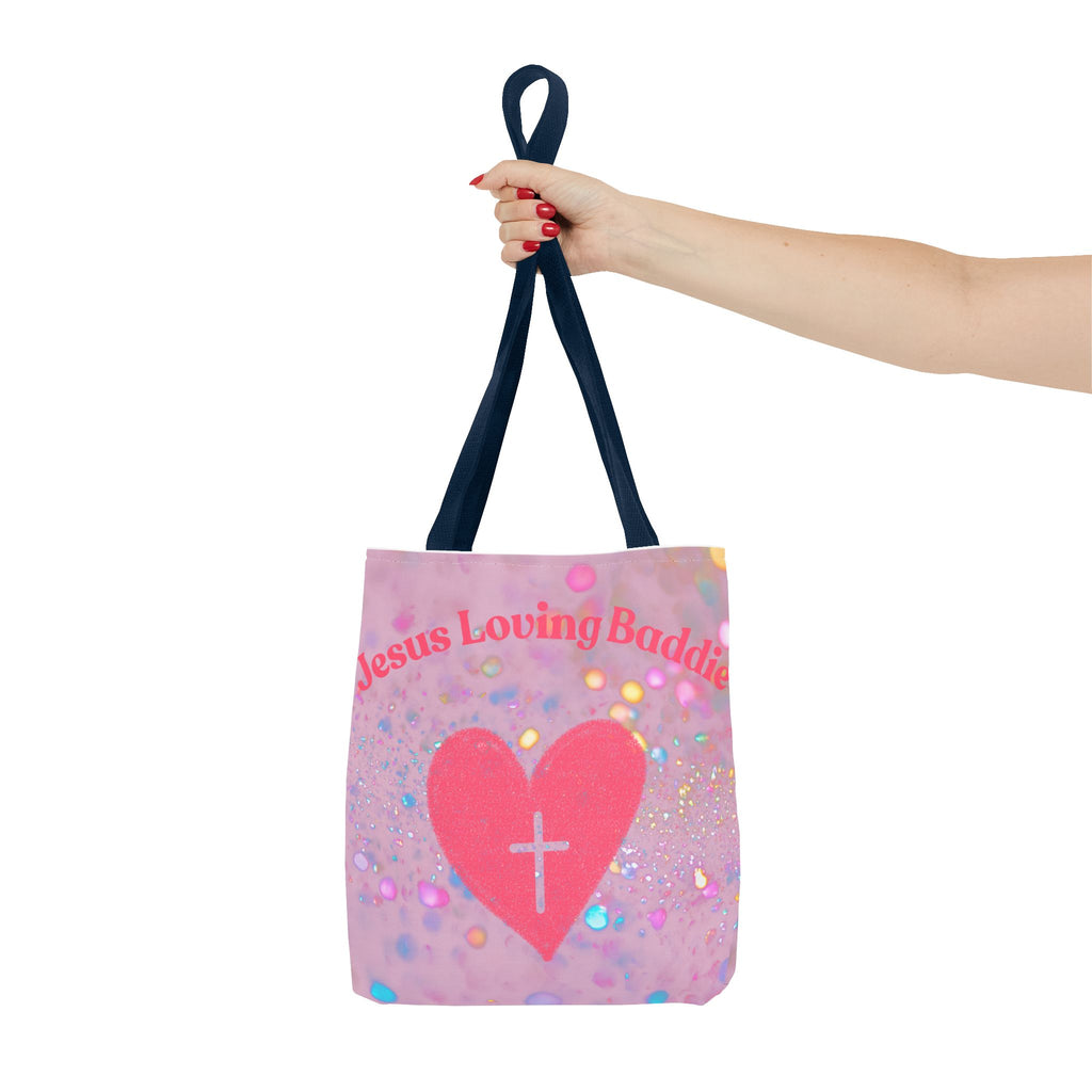 Jesus Loving Baddie Tote Bag — Pink Heart Cross All-Over Print