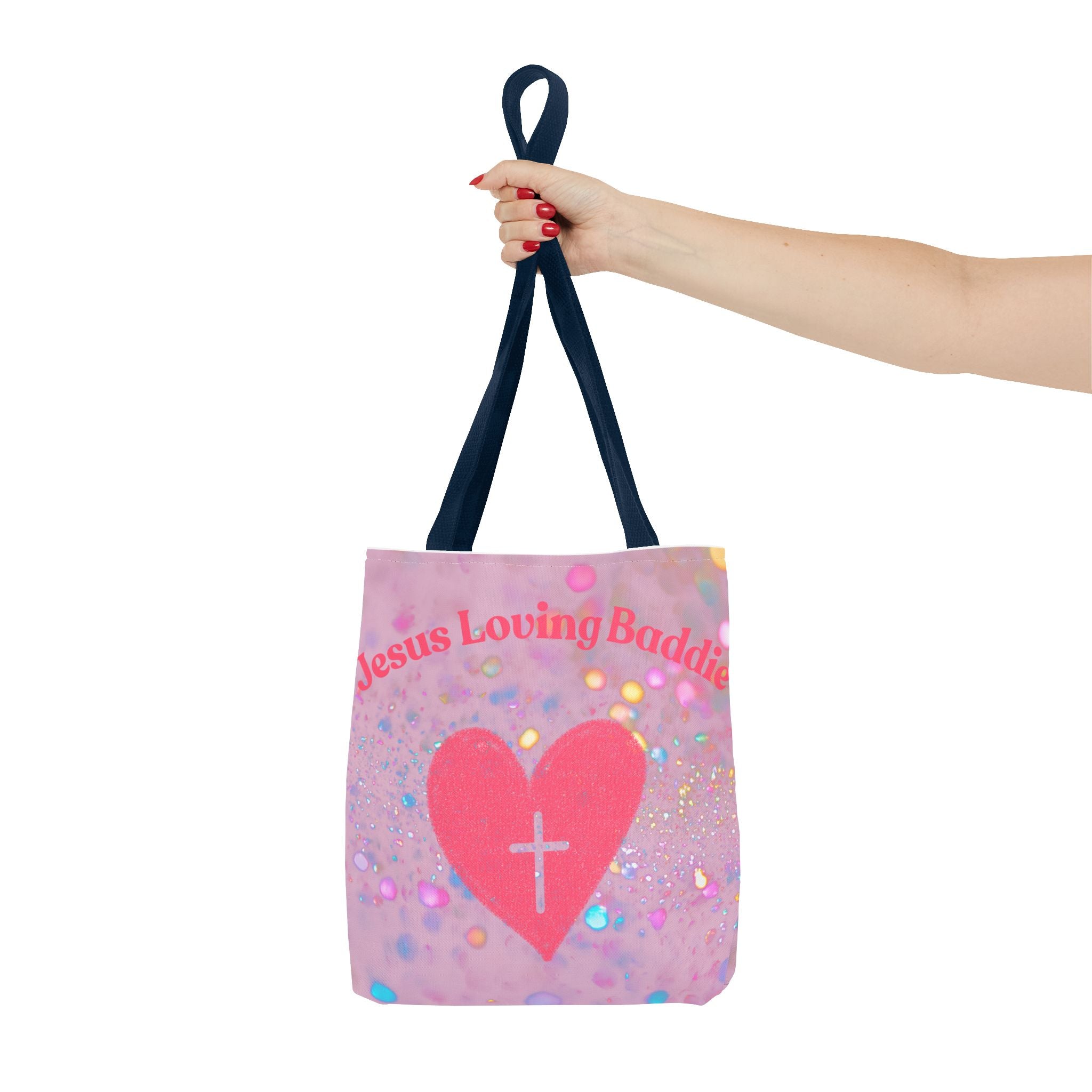 Jesus Loving Baddie Tote Bag — Pink Heart Cross All-Over Print