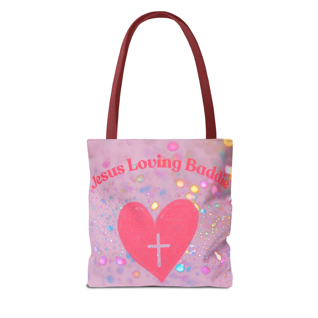 Jesus Loving Baddie Tote Bag — Pink Heart Cross All-Over Print