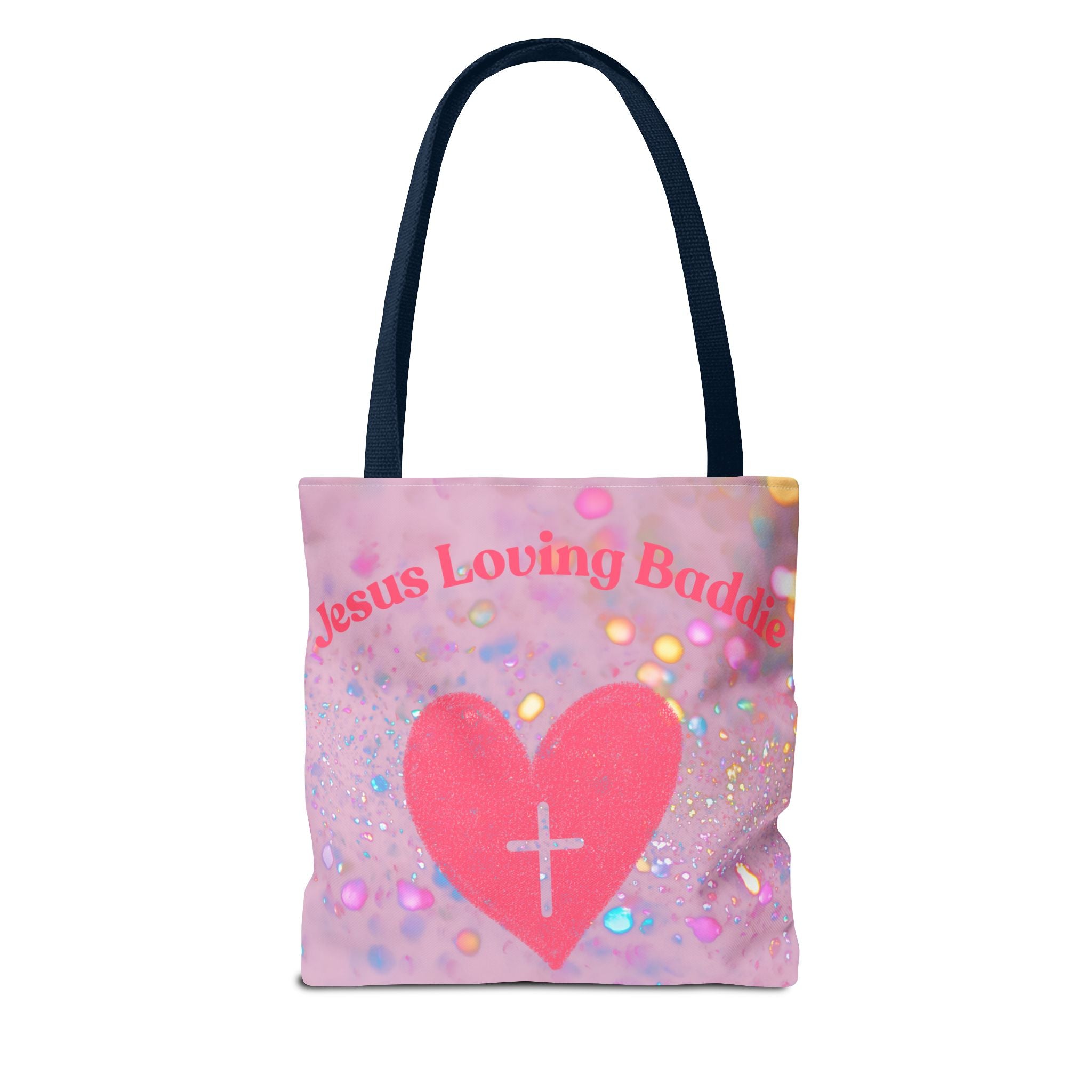 Jesus Loving Baddie Tote Bag — Pink Heart Cross All-Over Print