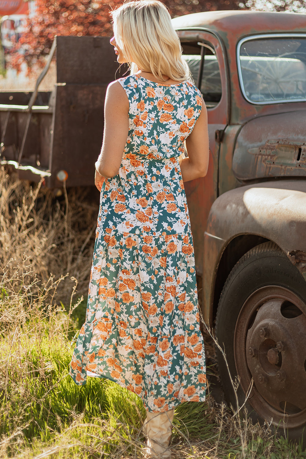 Kara Floral Tie Waist Sleeveless Holiday Long Dress